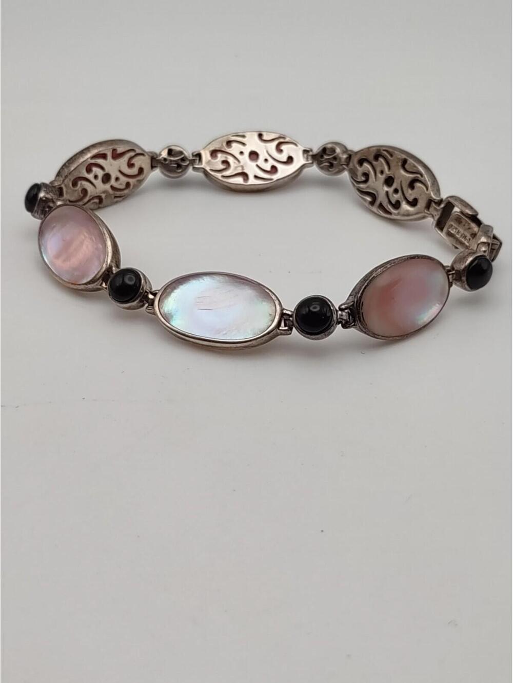 Sterling Silver Pink Mother Pearl Onyx Bracelet 925 Thai